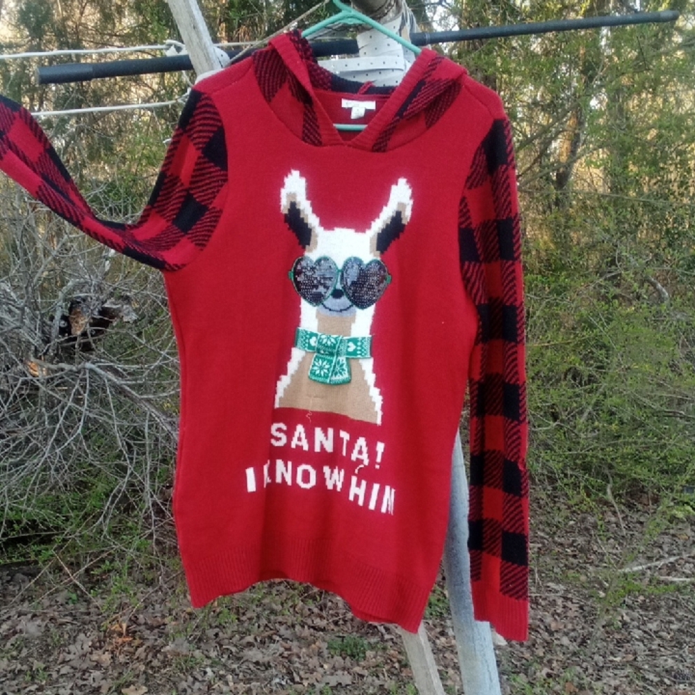 Red and Black Llama Sweater with Festive Design